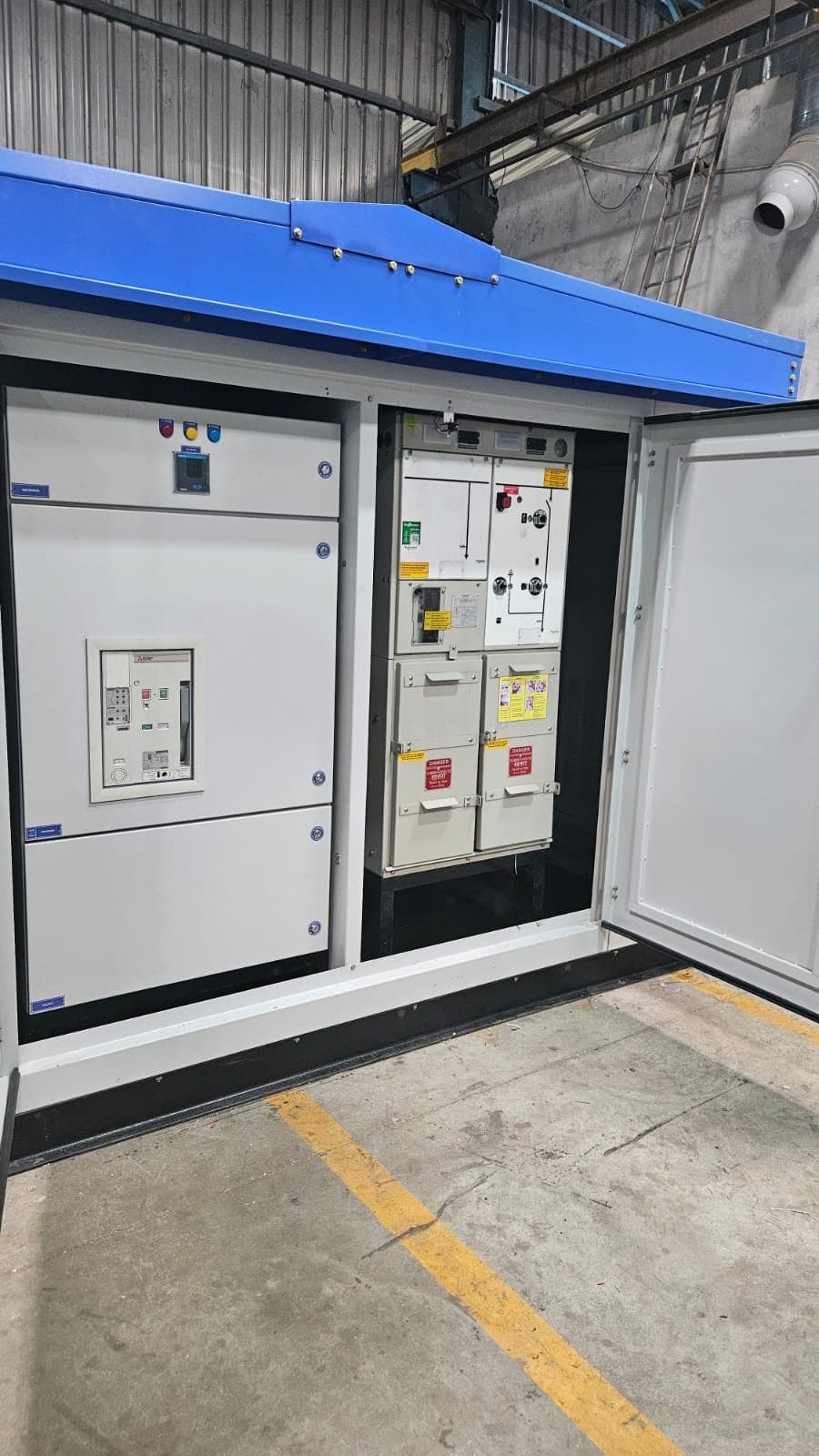Compact substation with doors open showing the HT and LT compartments