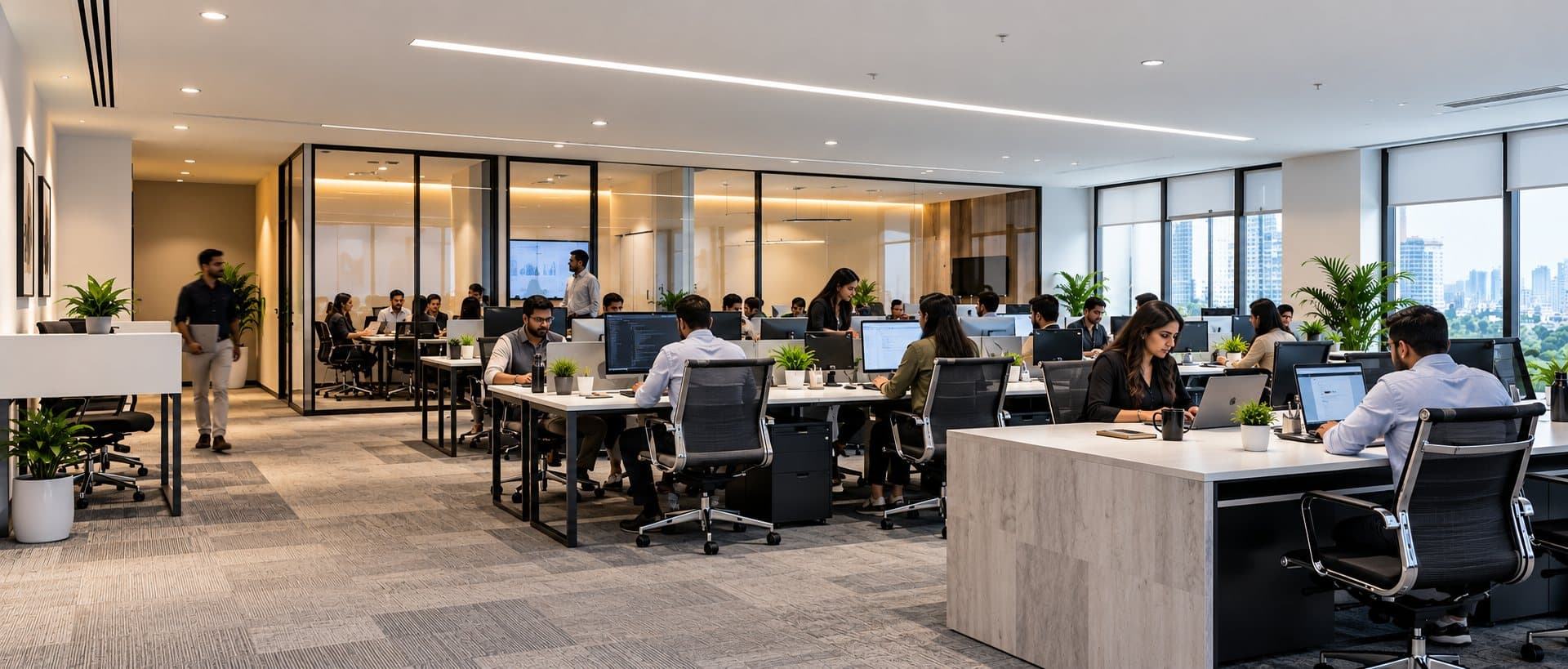 Open-plan office with engineers working at their desks and a glass-walled meeting room