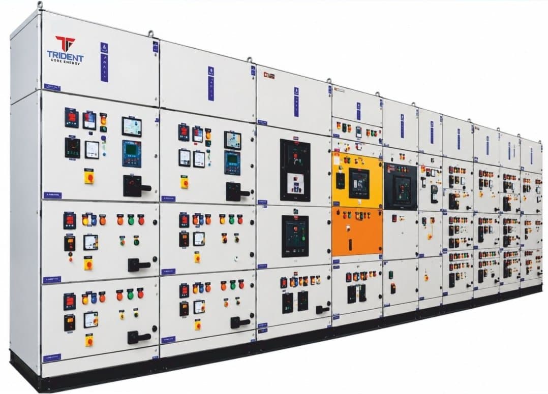 Long AMF and distribution panel line-up with an orange incomer section