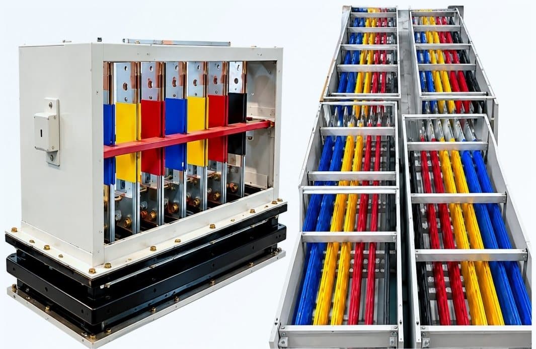 Bus duct section with colour-coded busbars and a rising main trunking