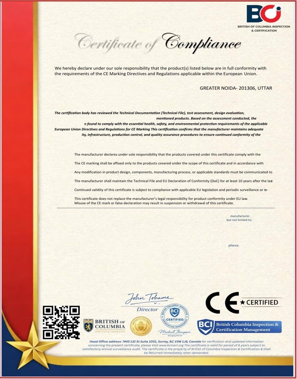 CE certificate of compliance