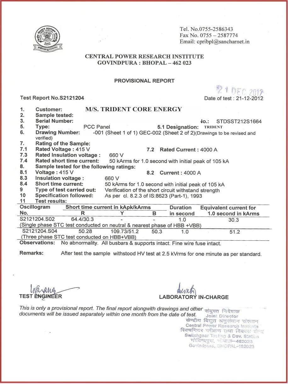 CPRI provisional short-circuit test report for a Trident PCC panel