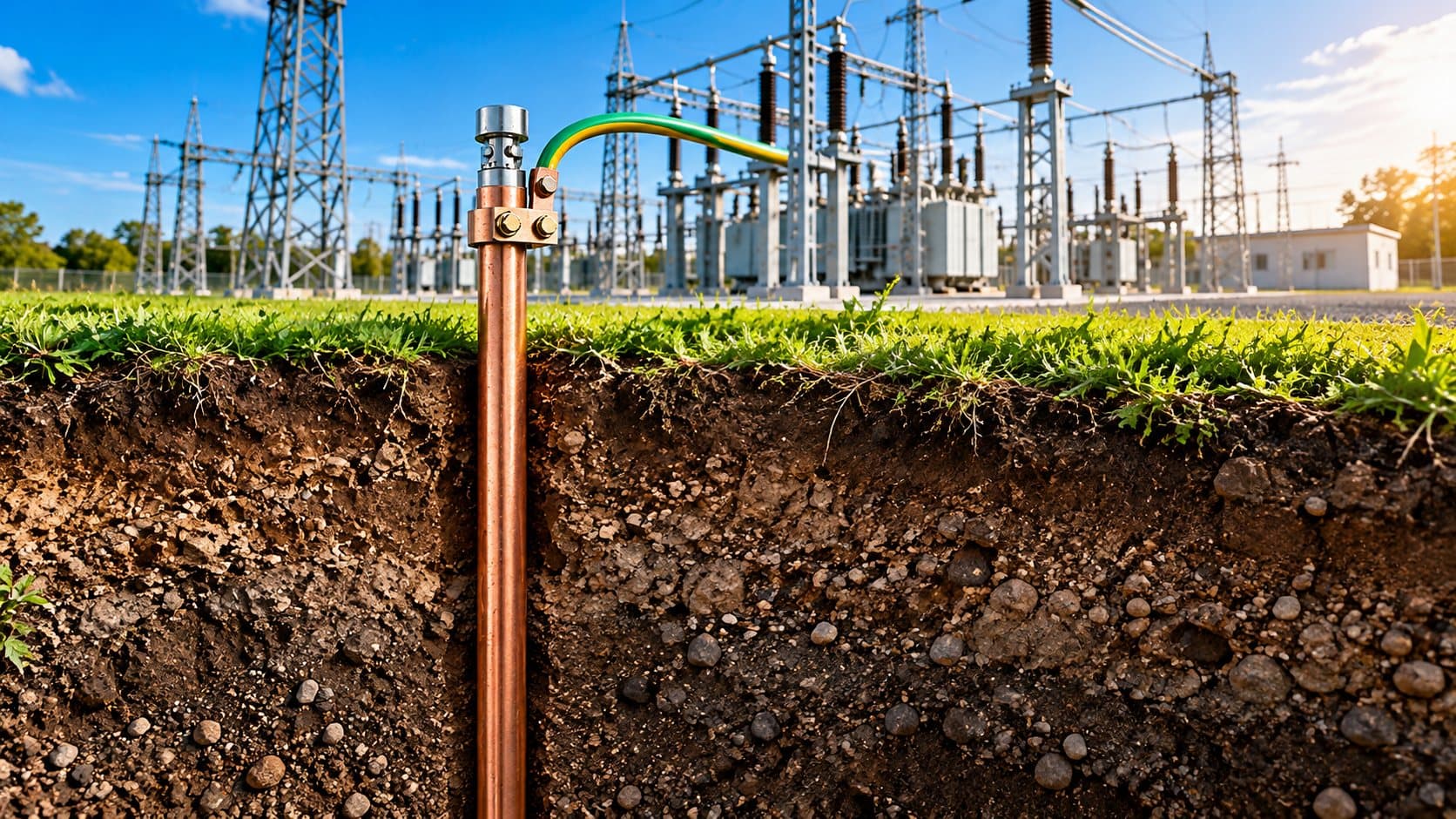 Copper earthing rod driven into the soil at an electrical substation, with an earth cable clamped to its head