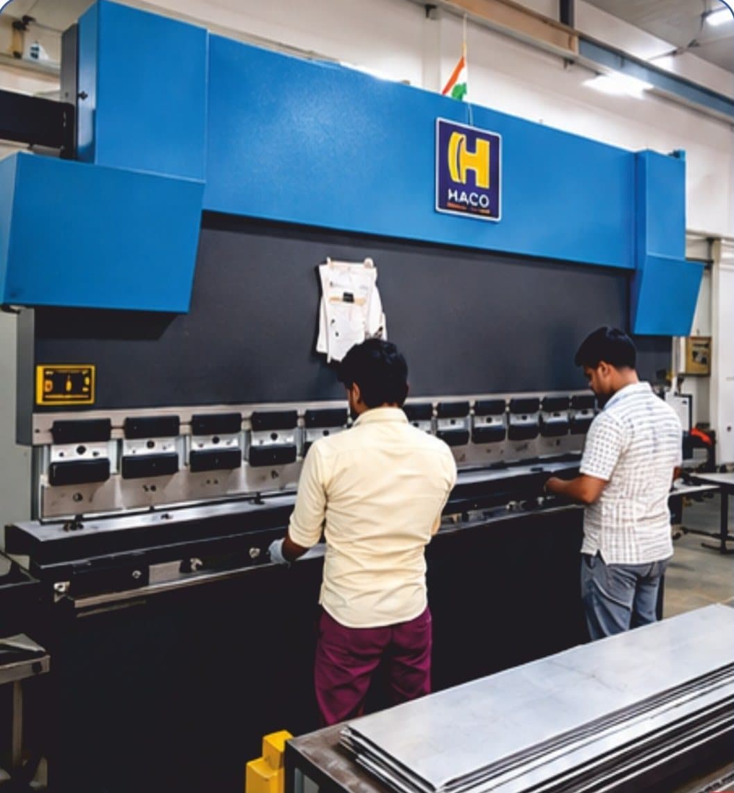 Operators forming sheet metal on a CNC bending machine at the Trident plant