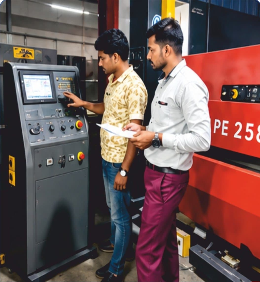 Engineers programming the CNC punching machine at the Trident plant