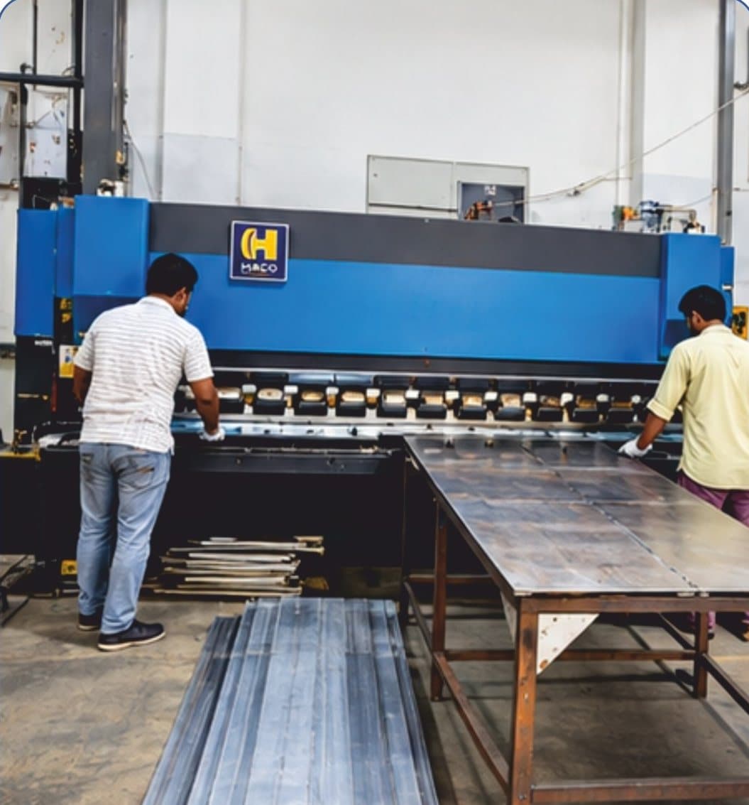 Operators cutting sheet steel on the CNC shearing machine