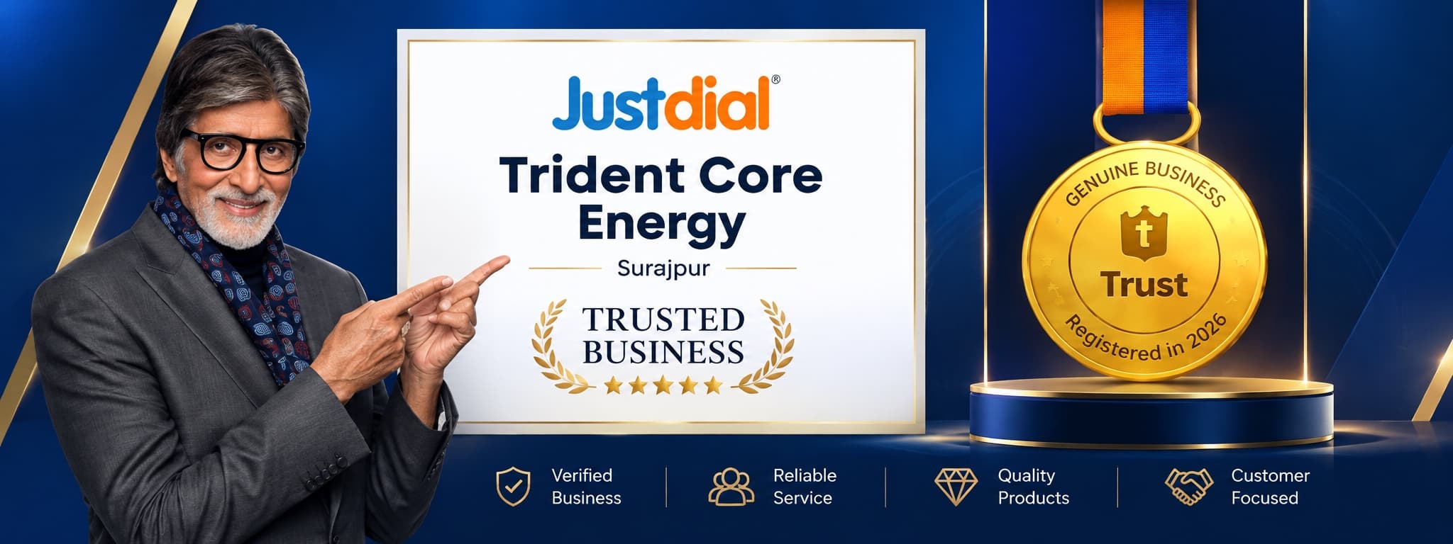 Justdial Trusted Business certificate and Genuine Business trust medal for Trident Core Energy, Surajpur: verified business, reliable service, quality products, customer focused