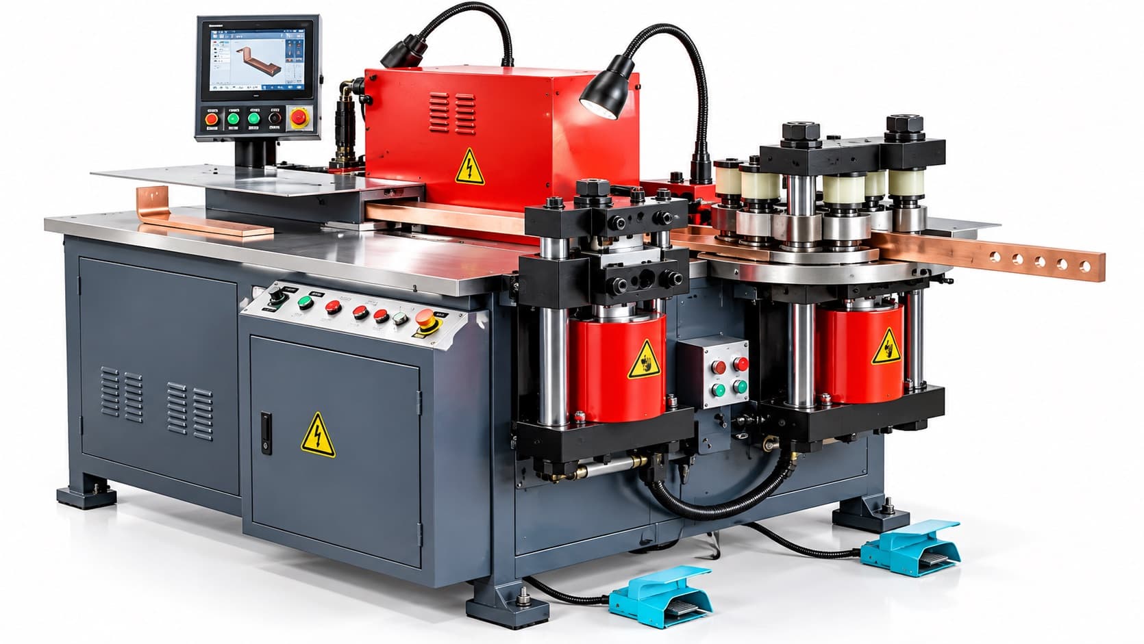 Busbar bending, cutting and punching machine processing a copper busbar