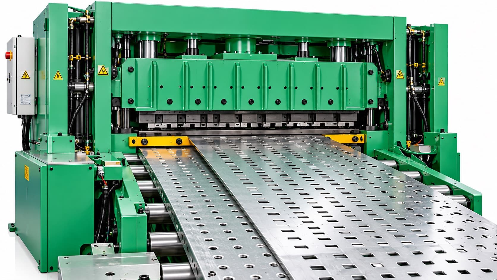Cable tray perforation press punching a galvanised steel strip