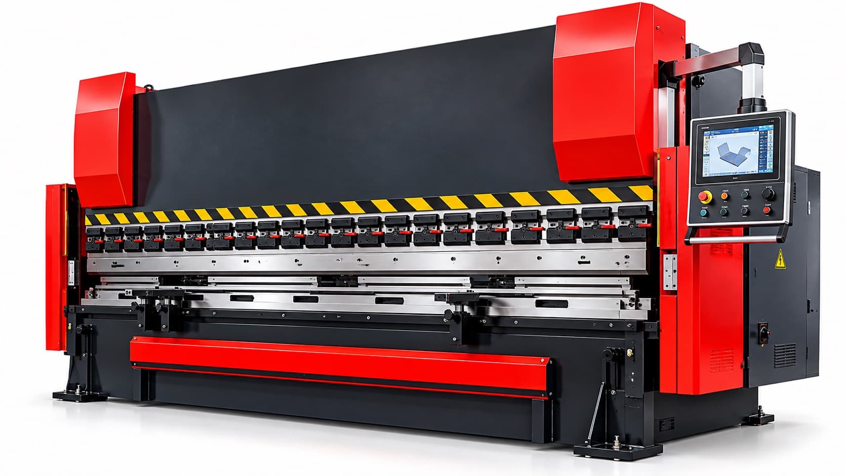 CNC bending machine (press brake) with a full-length tool set and touchscreen controller