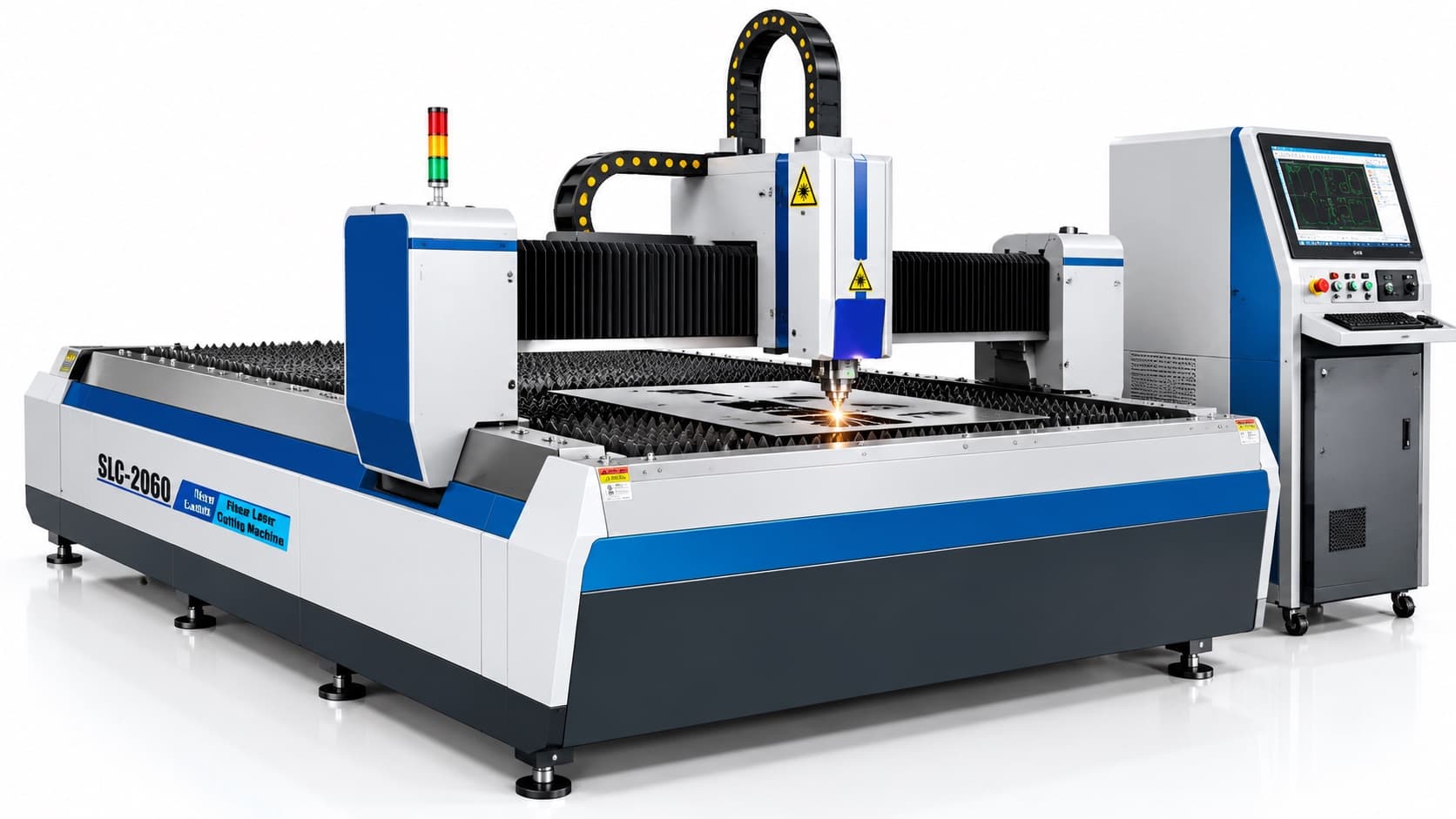 CNC fibre laser cutting machine cutting a steel sheet