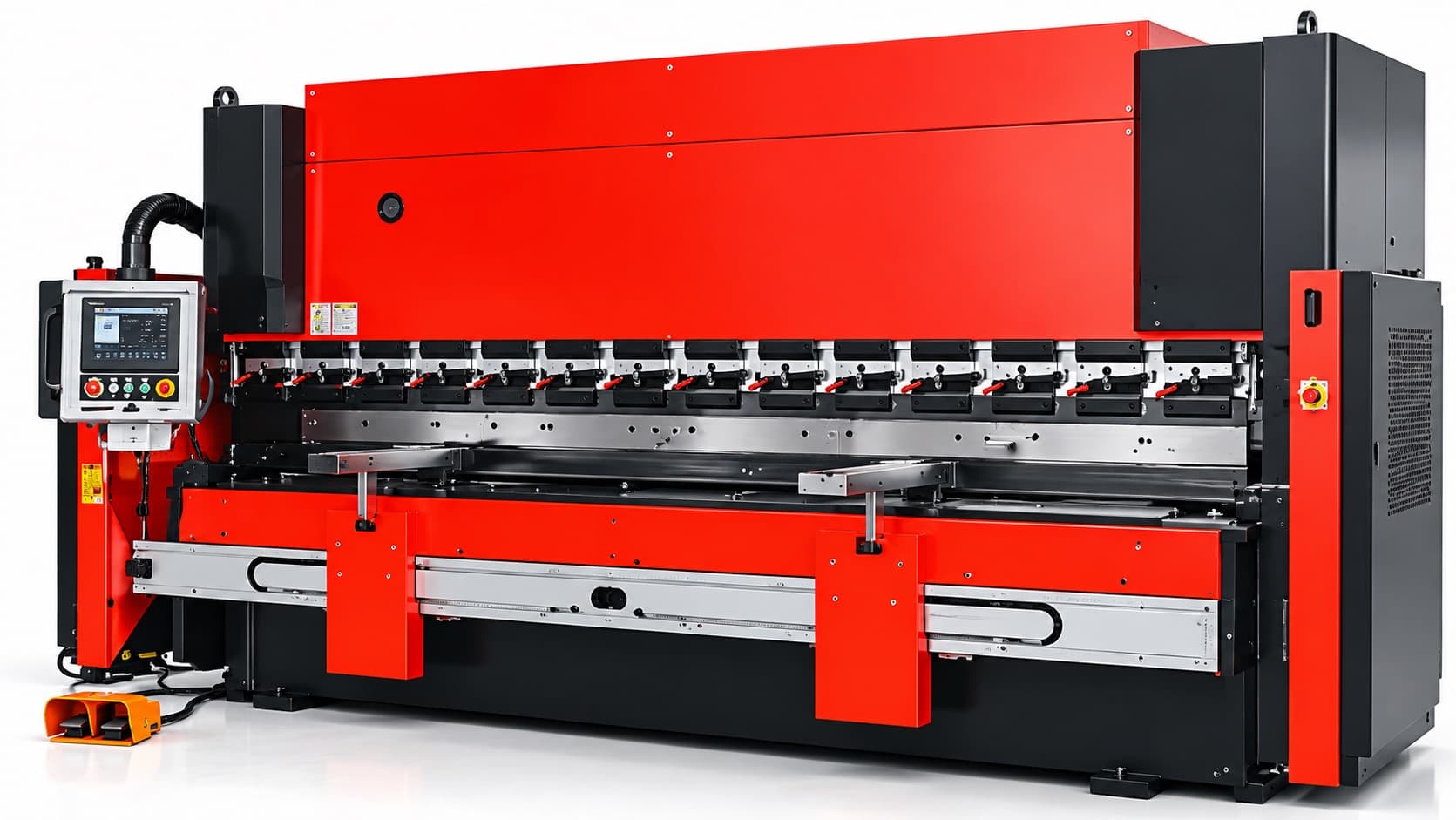 CNC shearing machine with a touchscreen controller and foot pedal