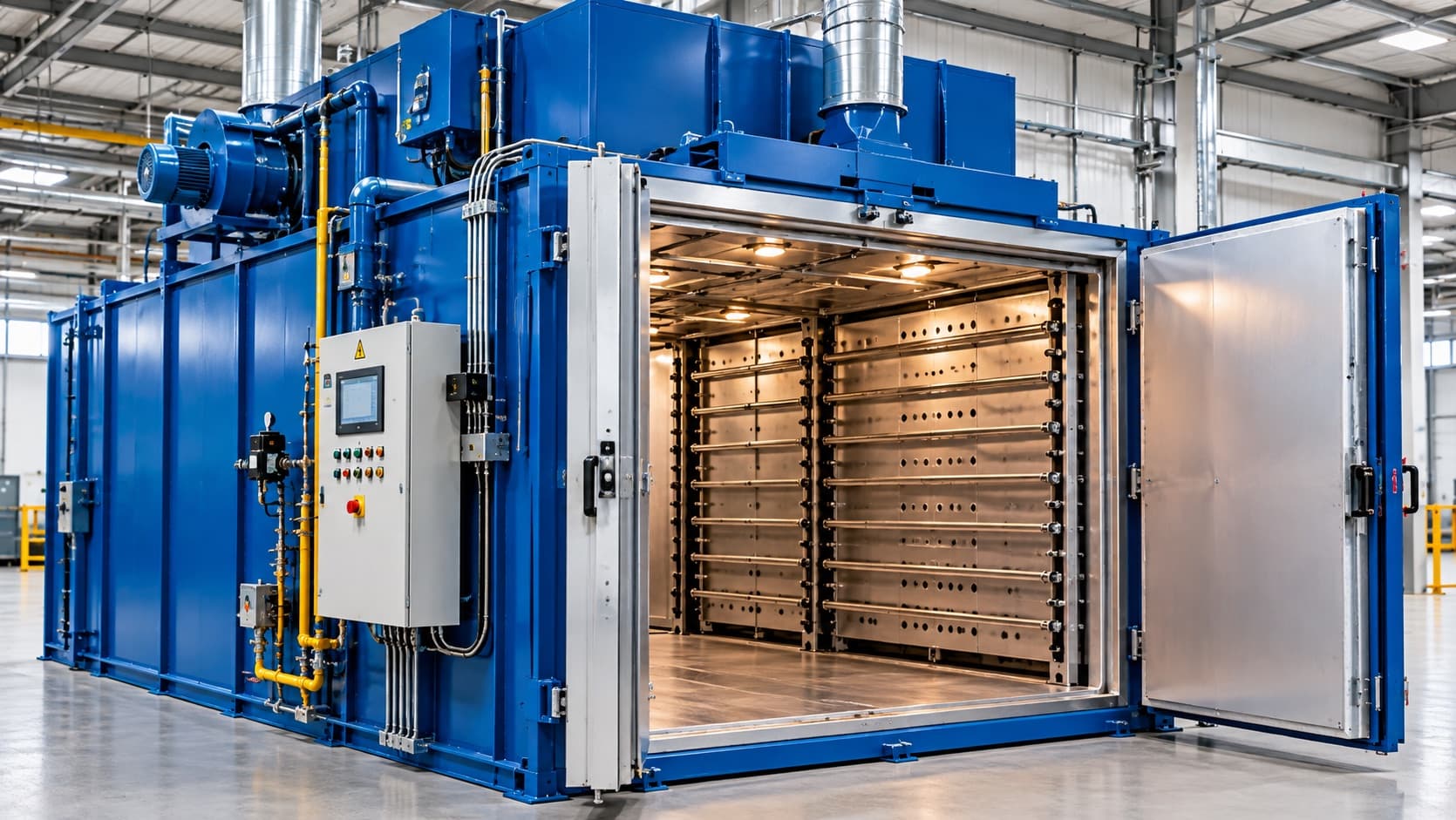 Walk-in powder coating curing oven with its doors open