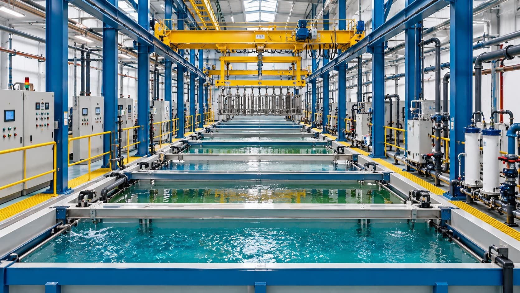 7-tank chemical pre-treatment plant with an overhead crane carrying parts between tanks