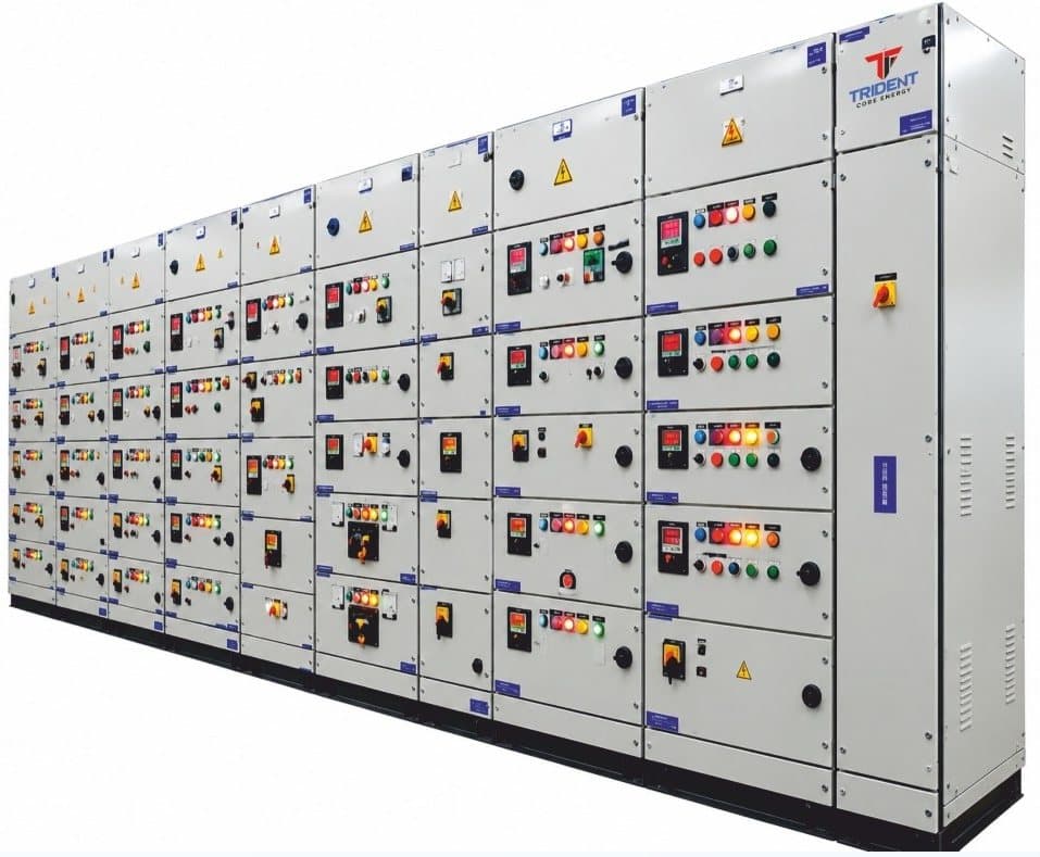 Motor control centre panel with rows of starter feeders and indicator lamps