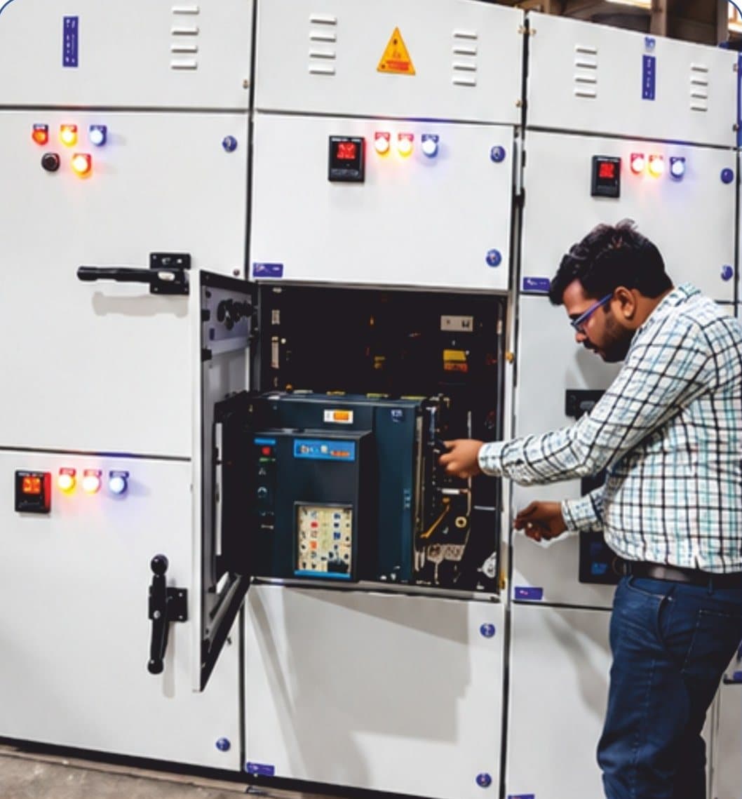 Engineer testing an air circuit breaker inside an LT panel