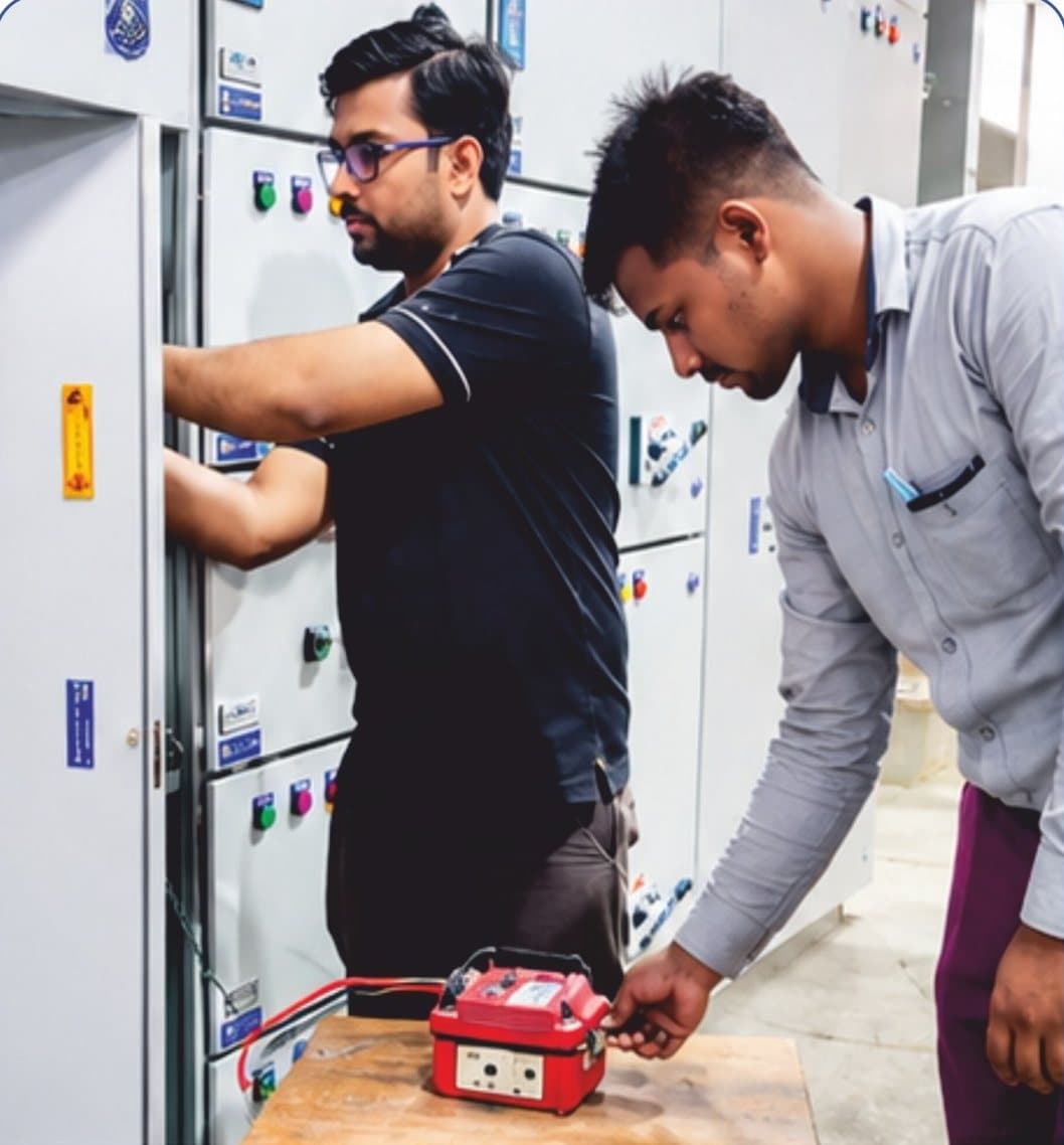 Engineers carrying out insulation resistance testing on a panel